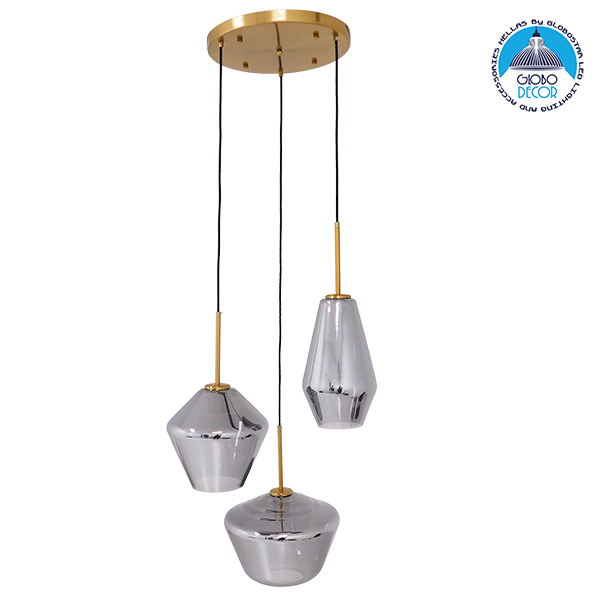 GloboStar® AMARIS 00976 Μοντέρνο Κρεμαστό Φωτιστικό Οροφής Τρίφωτο 3 x E27 Γυάλινο Φιμέ Νίκελ Φ50 x Υ30cm