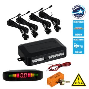 GloboStar® 86001 Σύστημα Παρκαρίσματος Parktronic DC 12V με 4 Μαύρους Αισθητήρες – Οθόνη LED Indicator και Ηχείο (Buzzer)