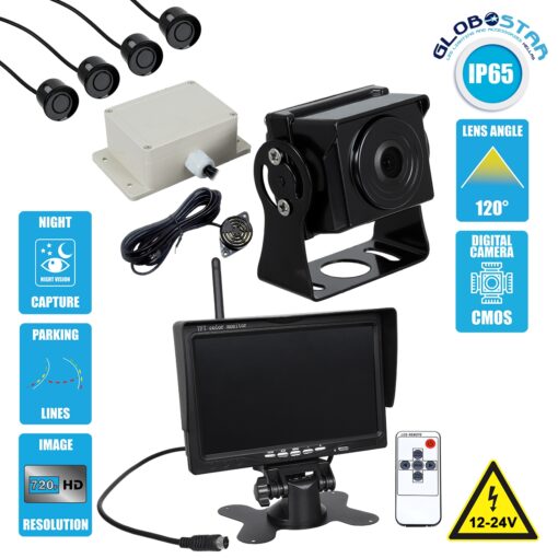 GloboStar® 86033 Έγχρωμη Κάμερα 720p CMOS HD Οπισθοπορείας Αυτοκινήτου-Φορτηγού DC 12-24V 170° με Οθόνη 7″ DC 12-24V Night Capture με Parking Lines – Ασύρματο Χειριστήριο και ΚΙΤ Παρκαρίσματος με 4 Αισθητήρες Αδιάβροχο IP65