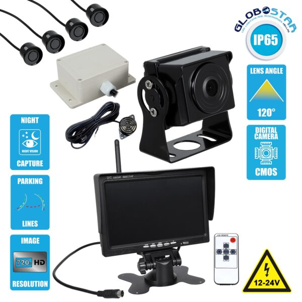 GloboStar® 86033 Έγχρωμη Κάμερα 720p CMOS HD Οπισθοπορείας Αυτοκινήτου-Φορτηγού DC 12-24V 170° με Οθόνη 7″ DC 12-24V Night Capture με Parking Lines – Ασύρματο Χειριστήριο και ΚΙΤ Παρκαρίσματος με 4 Αισθητήρες Αδιάβροχο IP65