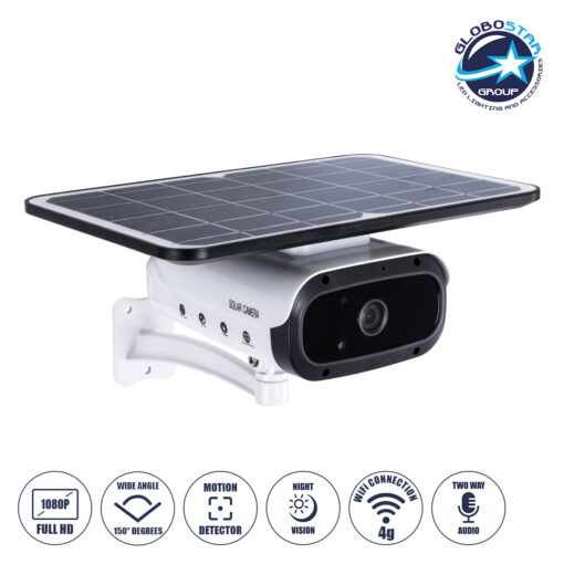 GloboStar® 86048 Αυτόνομη Ηλιακή Camera 1080P 2MP 4G SIM CARD WiFi 150° Μπαταρία 3200mAh Φωτοβολταϊκό Πάνελ Αισθητήρα Ημέρας-Νύχτας & Ρύθμιση Χρόνου Διπλή Κατέυθυνση Ομιλίας Αδιάβροχη IP66 Ψυχρό Λευκό 6000K – Λευκό