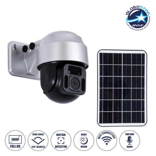 GloboStar® 86049 Αυτόνομη Ηλιακή Camera 1080P 2MP WiFi 150° Μπαταρία 3200mAh Φωτοβολταϊκό Πάνελ Αισθητήρα Ημέρας-Νύχτας & Ρύθμιση Χρόνου Διπλή Κατέυθυνση Ομιλίας Αδιάβροχη IP66 Ψυχρό Λευκό 6000K – Ασημί