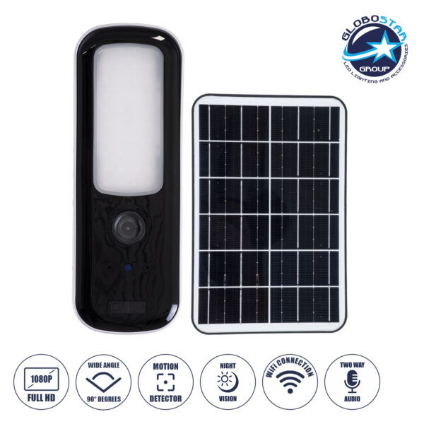 GloboStar® 86073 Αυτόνομος Ηλιακός Επιτοίχιος Προβολέας LED SMD 12W 600lm με IP Camera 1080P 2MP WiFi 150° Μοιρών – Ενσωματωμένη Μπαταρία 2500mAh – Φωτοβολταϊκό Πάνελ – Αισθητήρα Ημέρας-Νύχτας & Ρύθμιση Χρόνου Ανάμματος – Αδιάβροχος IP66 Ψυχρό Λευκό 6000K