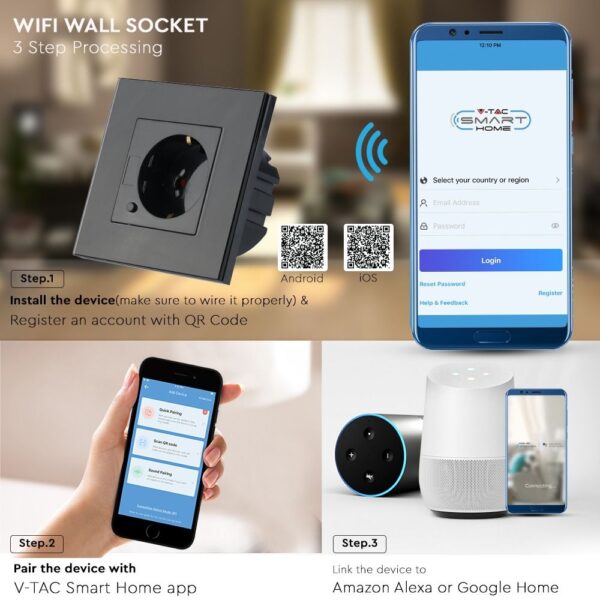 Wi-Fi Πρίζα Σούκο Μαύρη Πλαστικό & Γυαλί Smart Home Συμβατή Με Amazon Alexa & Google Home V-TAC – 8797