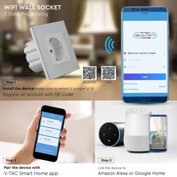 Wi-Fi Πρίζα Σούκο Λευκή Πλαστικό & Γυαλί Smart Home Συμβατή Με Amazon Alexa & Google Home V-TAC – 8798