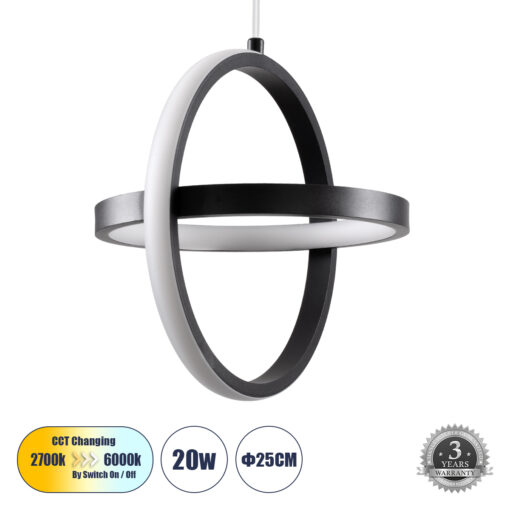 GloboStar® ALICE 61055 Κρεμαστό Φωτιστικό Οροφής Design LED CCT 20W 2400lm 300° AC 220-240V – Εναλλαγή Φωτισμού μέσω Διακόπτη On/Off All In One Ψυχρό 6000k+Φυσικό 4500k+Θερμό 2700k Μ25 x Π22 x Υ25cm – Μαύρο