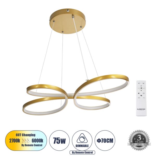 GloboStar® BUTTERFLY 61393 Κρεμαστό Φωτιστικό Οροφής Design LED CCT 75W 8400lm 300° AC 220-240V – Εναλλαγή Φωτισμού μέσω Τηλεχειριστηρίου All In One Ψυχρό 6000k+Φυσικό 4500k+Θερμό 2700k Dimmable Μ71 x Π52 x Υ4cm – Χρυσό Βούρτσας – 3 Years Warranty