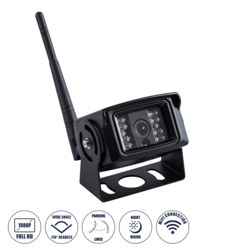 GloboStar® 86071 WiFi Έγχρωμη Κάμερα 1800P HD Οπισθοπορείας Αυτοκινήτου-Φορτηγού DC 12-24V 120° με Parking Lines Αδιάβροχη IP68 – Μαύρο