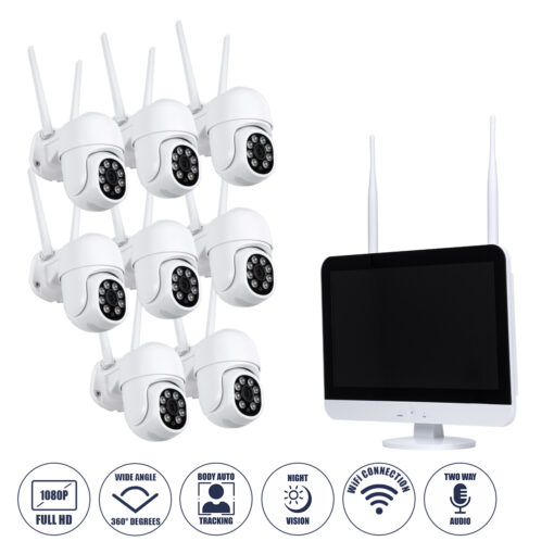 GloboStar® 86042 Ασύρματο Καταγραφικό με Οθόνη – 8 x Camera 2MP 1080P WiFi  360° Μοιρών – Αδιάβροχο IP66 – Νυχτερινή Όραση με LED IR – Διπλή Κατέυθυνση Ομιλίας – Ανιχνευτή Κίνησης – Νυχτερινή Λήψη – Λευκό