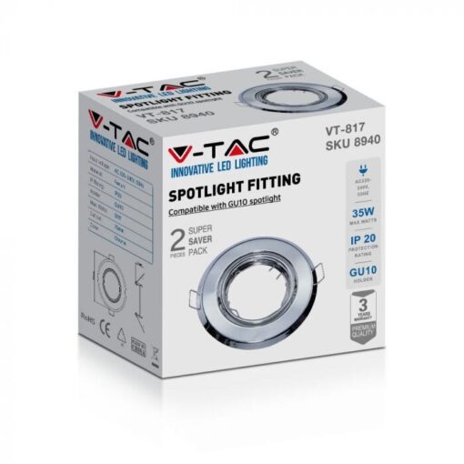 Βάση Σποτ GU10 – MR16 V-TAC Χωνευτή Στρογγυλή Νίκελ 2τμχ – 8940