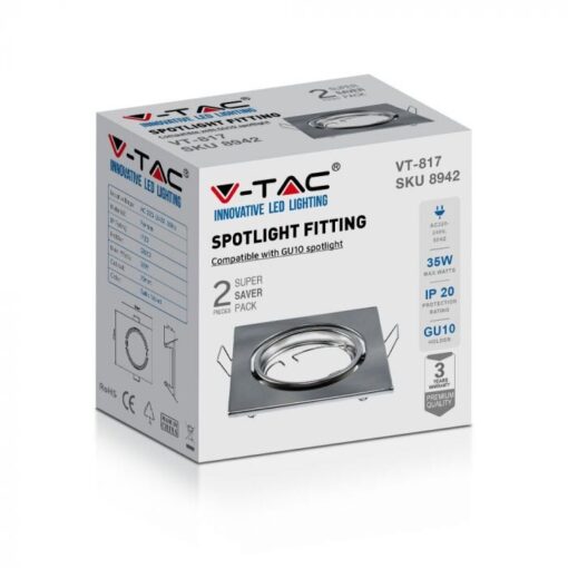 Βάση Σποτ GU10 – MR16 V-TAC Χωνευτή Τετράγωνη Νίκελ Σατέν 2τμχ – 8942