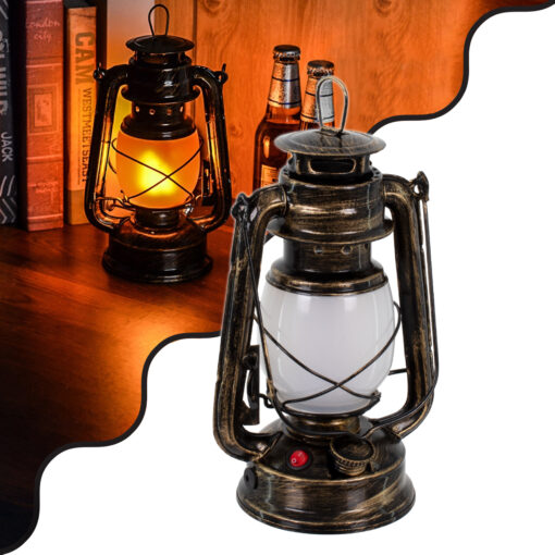 GloboStar® 76547 Vintage Επιτραπέζιο Διακοσμητικό Φωτιστικό LED Retro Μπρούτζινο Φαναράκι Flame Effect 10W 500lm Επαναφορτιζόμενο με Διακόπτη On/Off & Καλώδιο Πρίζα Σούκο – Μπαταρίας 2×18650 4000Mah (Περιλαμβάνονται) Ultra Θερμό Λευκό 1800K