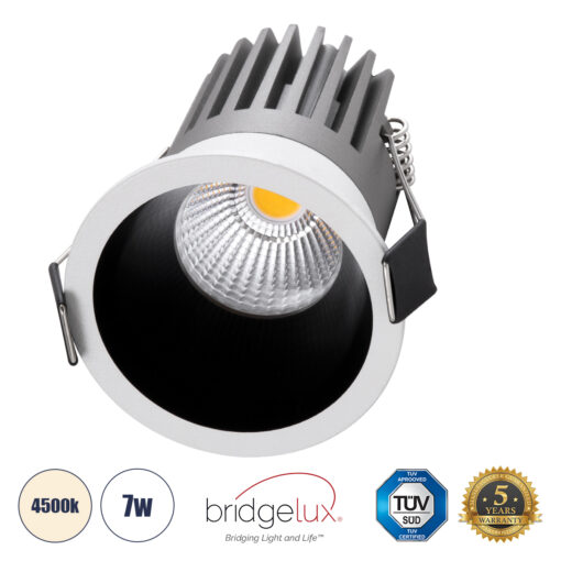 GloboStar® MICRO-B 60240 Χωνευτό LED Spot Downlight TrimLess Φ6cm 7W 910lm 38° AC 220-240V IP20 Φ6 x Υ7.8cm – Στρόγγυλο – Λευκό με Μαύρο Κάτοπτρο – Φυσικό Λευκό 4500K – Bridgelux COB – 5 Years Warranty