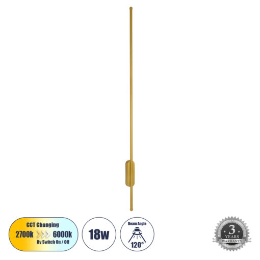 GloboStar® HARLEM 61336 Φωτιστικό Τοίχου – Απλίκα Design LED CCT 18W 2160lm 120° AC 220-240V – Εναλλαγή Φωτισμού μέσω Διακόπτη On/Off All In One Ψυχρό 6000k+Φυσικό 4500k+Θερμό 2700k Μ5 x Π4 x Υ120cm – Χρυσό – 3 Years Warranty