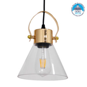 GloboStar® JAVER 00935 Vintage Κρεμαστό Φωτιστικό Οροφής Μονόφωτο 1 x E27 Διάφανο Γυάλινο Καμπάνα με Χρυσό Ντουί Φ19 x Υ25cm