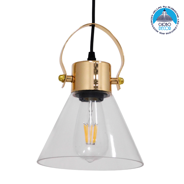 GloboStar® JAVER 00935 Vintage Κρεμαστό Φωτιστικό Οροφής Μονόφωτο 1 x E27 Διάφανο Γυάλινο Καμπάνα με Χρυσό Ντουί Φ19 x Υ25cm
