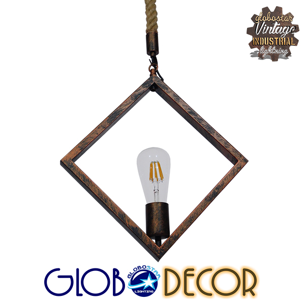GloboStar® ALCO 01023 Vintage Industrial Κρεμαστό Φωτιστικό Οροφής Μονόφωτο 1 x E27 Καφέ Σκουριά Μεταλλικό με Μπεζ Σχοινί Μ45 x Π10 x Υ45cm