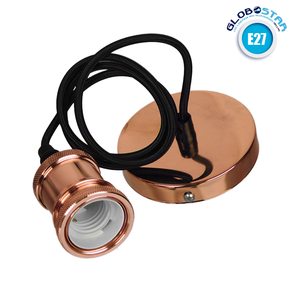 Κρεμαστό Φωτιστικό με Υφασμάτινο Μαύρο Καλώδιο και Χάλκινο Ντουί  Ε27 GloboStar 90012