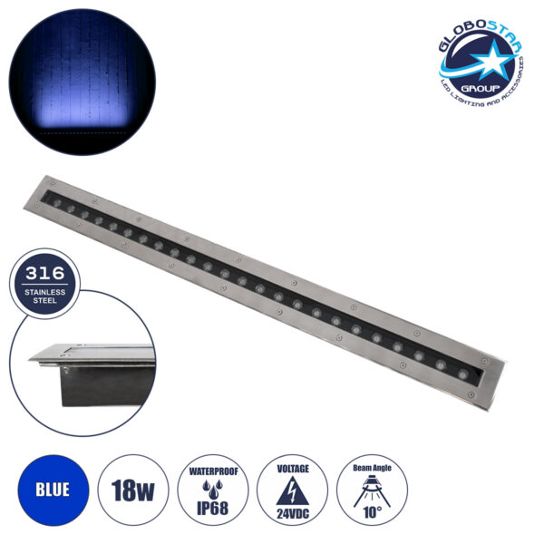 GloboStar® UNDERGROUND-REMVI 90194-B Χωνευτό Φωτιστικό Wall Washer Δαπέδου LED 18W 1440lm 10° DC 24V Αδιάβροχο IP68 L100 x W9 x H7.2cm Μπλε – Ανοξείδωτο Ατσάλι – 3 Years Warranty