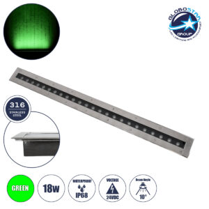 GloboStar® UNDERGROUND-REMVI 90194-G Χωνευτό Φωτιστικό Wall Washer Δαπέδου LED 18W 1440lm 10° DC 24V Αδιάβροχο IP68 L100 x W9 x H7.2cm Πράσινο – Ανοξείδωτο Ατσάλι – 3 Years Warranty