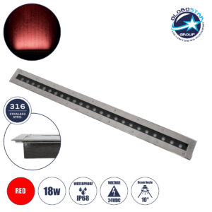 GloboStar® UNDERGROUND-REMVI 90194-R Χωνευτό Φωτιστικό Wall Washer Δαπέδου LED 18W 1440lm 10° DC 24V Αδιάβροχο IP68 L100 x W9 x H7.2cm Κόκκινο – Ανοξείδωτο Ατσάλι – 3 Years Warranty