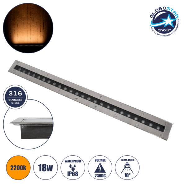 GloboStar® UNDERGROUND-REMVI 90194-Y Χωνευτό Φωτιστικό Wall Washer Δαπέδου LED 18W 1440lm 10° DC 24V Αδιάβροχο IP68 L100 x W9 x H7.2cm Αρχιτεκτονικό Πορτοκαλί 2200K – Ανοξείδωτο Ατσάλι – 3 Years Warranty