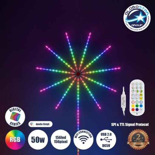 GloboStar® DIGIFRWORKS 90339 Σετ Ψηφιακής LED RGB Ταινίας 5 Μέτρων με Ψηφιακό Controller με WiFi Smart APP & Ασύρματο Χειριστήριο RF 2.4Ghz – LED SMD 5050 50W/Σετ 156LED/Σετ 156PIXEL/Σετ 3000lm/Σετ 120° DC 5V με USB 2.0 IP20 Πολύχρωμο RGB – Dimmable – Μ205 x Π105 x Υ1.5cm – 2 Χρόνια Εγγύηση