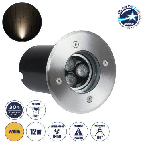 GloboStar® UNDERWATER-LUNTA 90401 Υποβρύχιο Χωνευτό Κινούμενο Φωτιστικό Σποτ Ειδικό για Σιντριβάνια LED 12W 1080lm 60° DC 24V Αδιάβροχο IP68 Φ12 x Υ13cm Θερμό Λευκό 2700K – Ανοξείδωτο Ατσάλι – 3 Years Warranty