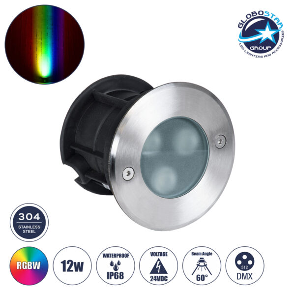 GloboStar® UNDERWATER-GUNE 90406 Υποβρύχιο Χωνευτό Φωτιστικό Σποτ Ειδικό για Σιντριβάνια LED 12W 1020lm 60° DC 24V Αδιάβροχο IP68 Φ10 x Υ7.5cm RGBW DMX512 – Ανοξείδωτο Ατσάλι – 3 Years Warranty