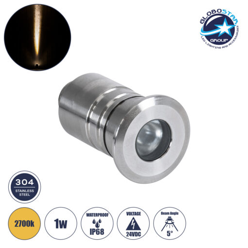 GloboStar® UNDERWATER-DANI 90410 Υποβρύχιο Χωνευτό Φωτιστικό Σποτ Ειδικό για Σιντριβάνια LED 1W 90lm 5° DC 24V Αδιάβροχο IP68 Φ3 x Υ5cm Θερμό Λευκό 2700K – Ανοξείδωτο Ατσάλι – 3 Years Warranty