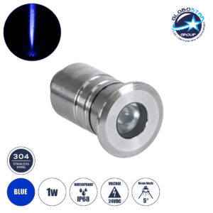 GloboStar® UNDERWATER-DANI 90413 Υποβρύχιο Χωνευτό Φωτιστικό Σποτ Ειδικό για Σιντριβάνια LED 1W 80lm 5° DC 24V Αδιάβροχο IP68 Φ3 x Υ5cm Μπλε – Ανοξείδωτο Ατσάλι – 3 Years Warranty