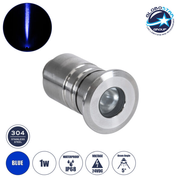 GloboStar® UNDERWATER-DANI 90413 Υποβρύχιο Χωνευτό Φωτιστικό Σποτ Ειδικό για Σιντριβάνια LED 1W 80lm 5° DC 24V Αδιάβροχο IP68 Φ3 x Υ5cm Μπλε – Ανοξείδωτο Ατσάλι – 3 Years Warranty