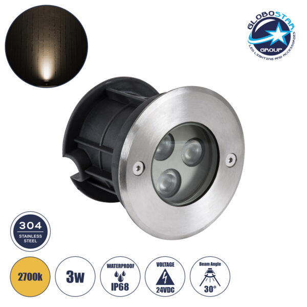 GloboStar® UNDERWATER-HUNI 90414 Υποβρύχιο Χωνευτό Φωτιστικό Σποτ Ειδικό για Σιντριβάνια LED 3W 270lm 30° DC 24V Αδιάβροχο IP68 Φ10 x Υ7.5cm Θερμό Λευκό 2700K – Ανοξείδωτο Ατσάλι – 3 Years Warranty