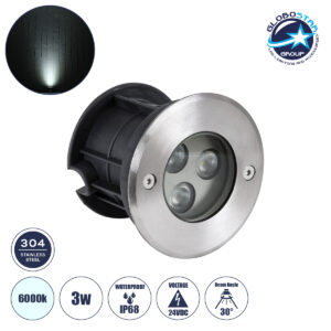GloboStar® UNDERWATER-HUNI 90415 Υποβρύχιο Χωνευτό Φωτιστικό Σποτ Ειδικό για Σιντριβάνια LED 3W 300lm 30° DC 24V Αδιάβροχο IP68 Φ10 x Υ7.5cm Ψυχρό Λευκό 6000K – Ανοξείδωτο Ατσάλι – 3 Years Warranty