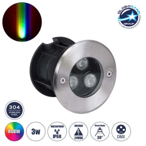 GloboStar® UNDERWATER-HUNI 90416 Υποβρύχιο Χωνευτό Φωτιστικό Σποτ Ειδικό για Σιντριβάνια LED 3W 255lm 30° DC 24V Αδιάβροχο IP68 Φ10 x Υ7.5cm RGBW DMX512 – Ανοξείδωτο Ατσάλι – 3 Years Warranty