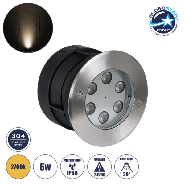 GloboStar® UNDERWATER-YUNI 90417 Υποβρύχιο Χωνευτό Φωτιστικό Σποτ Ειδικό για Σιντριβάνια LED 6W 540lm 30° DC 24V Αδιάβροχο IP68 Φ15 x Υ10cm Θερμό Λευκό 2700K – Ανοξείδωτο Ατσάλι – 3 Years Warranty