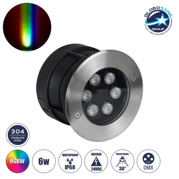 GloboStar® UNDERWATER-YUNI 90419 Υποβρύχιο Χωνευτό Φωτιστικό Σποτ Ειδικό για Σιντριβάνια LED 6W 510lm 30° DC 24V Αδιάβροχο IP68 Φ15 x Υ10cm RGBW DMX512 – Ανοξείδωτο Ατσάλι – 3 Years Warranty