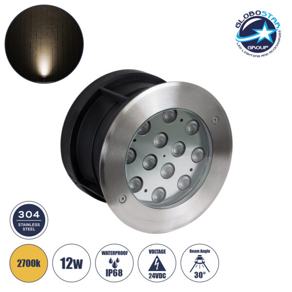 GloboStar® UNDERWATER-TUNI 90420 Υποβρύχιο Χωνευτό Φωτιστικό Σποτ Ειδικό για Σιντριβάνια LED 12W 1080lm 30° DC 24V Αδιάβροχο IP68 Φ18 x Υ11cm Θερμό Λευκό 2700K – Ανοξείδωτο Ατσάλι – 3 Years Warranty