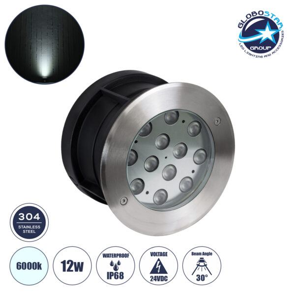GloboStar® UNDERWATER-TUNI 90421 Υποβρύχιο Χωνευτό Φωτιστικό Σποτ Ειδικό για Σιντριβάνια LED 12W 1200lm 30° DC 24V Αδιάβροχο IP68 Φ18 x Υ11cm Ψυχρό Λευκό 6000K – Ανοξείδωτο Ατσάλι – 3 Years Warranty