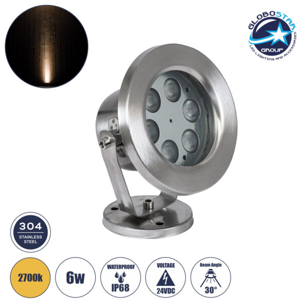 GloboStar® UNDERWATER-DEDY 90426 Υποβρύχιο Επιφανειακό Φωτιστικό Σποτ Ειδικό για Σιντριβάνια – Πισίνες – Τζακούζι LED 6W 540lm 30° DC 24V Αδιάβροχο IP68 Μ12 x Π7.5 x Υ14.5cm Θερμό Λευκό 2700K – Ανοξείδωτο Ατσάλι SS304 – 3 Years Warranty