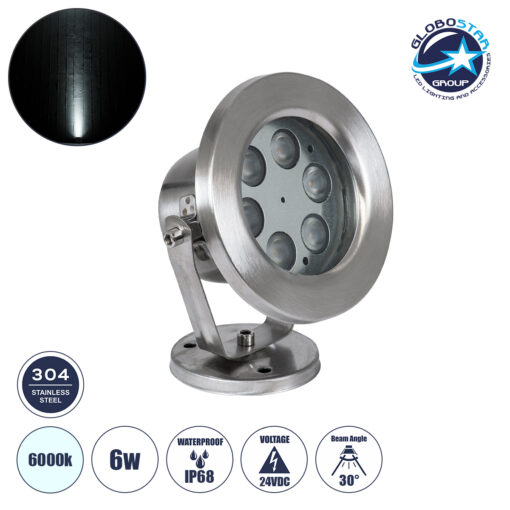 GloboStar® UNDERWATER-DEDY 90427 Υποβρύχιο Επιφανειακό Φωτιστικό Σποτ Ειδικό για Σιντριβάνια – Πισίνες – Τζακούζι LED 6W 600lm 30° DC 24V Αδιάβροχο IP68 Μ12 x Π7.5 x Υ14.5cm Ψυχρό Λευκό 6000K – Ανοξείδωτο Ατσάλι SS304 – 3 Years Warranty