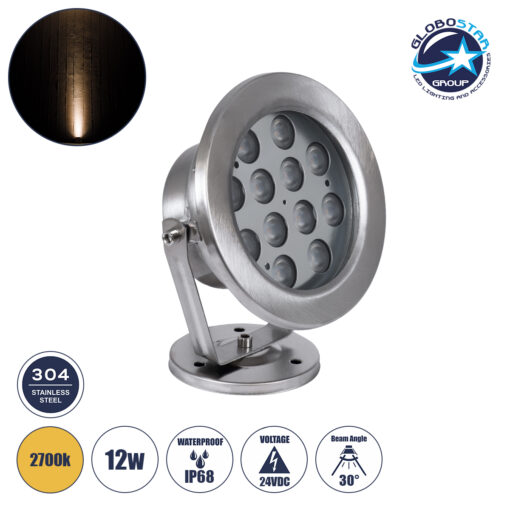 GloboStar® UNDERWATER-DENIS 90429 Υποβρύχιο Επιφανειακό Φωτιστικό Σποτ Ειδικό για Σιντριβάνια – Πισίνες – Τζακούζι LED 12W 1080lm 30° DC 24V Αδιάβροχο IP68 Μ14.5 x Π7 x Υ17cm Θερμό Λευκό 2700K – Ανοξείδωτο Ατσάλι SS304 – 3 Years Warranty