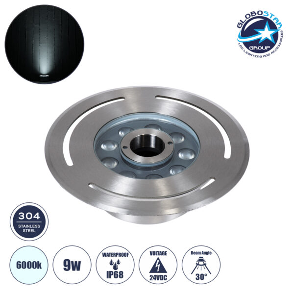 GloboStar® UNDERWATER-DENIS 90433 Υποβρύχιο Χωνευτό Φωτιστικό Σποτ Ειδικό για Σιντριβάνια – Πισίνες – Τζακούζι LED 9W 900lm 30° DC 24V Αδιάβροχο IP68 Φ21 x Υ7.5cm Ψυχρό Λευκό 6000K – Ανοξείδωτο Ατσάλι SS304 – 3 Years Warranty