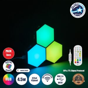 GloboStar® DIGIOCTA 90447 Σετ 3 Ψηφιακων LED RGB Φωτιστικών Κυψελών με Ψηφιακό Controller με WiFi Smart APP & Ασύρματο Χειριστήριο RF 2.4Ghz – LED SMD 5050 4.5W/Σετ 42PIXEL/Σετ 360lm/Σετ 120° DC 5V με USB 2.0 IP20 Πολύχρωμο RGB – Dimmable – Μ10.5 x Π10.5 x Υ3cm Ανά Κυψέλη – 2 Χρόνια Εγγύηση