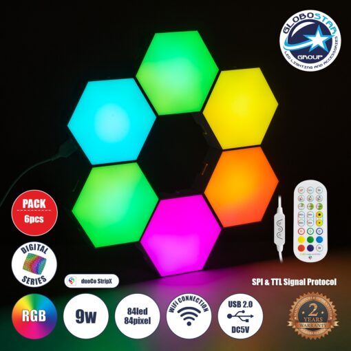GloboStar® DIGIOCTA 90448 Σετ 6 Ψηφιακων LED RGB Φωτιστικών Κυψελών με Ψηφιακό Controller με WiFi Smart APP & Ασύρματο Χειριστήριο RF 2.4Ghz – LED SMD 5050 9W/Σετ 84PIXEL/Σετ 720lm/Σετ 120° DC 5V με USB 2.0 IP20 Πολύχρωμο RGB – Dimmable – Μ10.5 x Π10.5 x Υ3cm Ανά Κυψέλη – 2 Χρόνια Εγγύηση