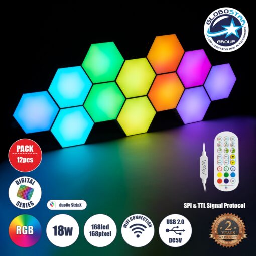 GloboStar® DIGIOCTA 90449 Σετ 12 Ψηφιακων LED RGB Φωτιστικών Κυψελών με Ψηφιακό Controller με WiFi Smart APP & Ασύρματο Χειριστήριο RF 2.4Ghz – LED SMD 5050 18W/Σετ 168PIXEL/Σετ 1440lm/Σετ 120° DC 5V με USB 2.0 IP20 Πολύχρωμο RGB – Dimmable – Μ10.5 x Π10.5 x Υ3cm Ανά Κυψέλη – 2 Χρόνια Εγγύηση