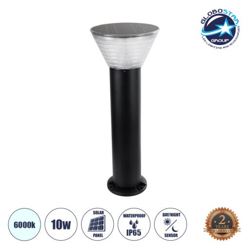 GloboStar® VEGGIE 90525 Αυτόνομο Ηλιακό Φωτιστικό Κήπου – Κολωνάκι Αρχιτεκτονικού Φωτισμού Εξωτερικού Χώρου LED 10W 330lm 120° με Ενσωματωμένο Φωτοβολταϊκό Panel 6V 2W & Επαναφορτιζόμενη Μπαταρία Li-ion 3.2V 1800mAh με Αισθητήρα Ημέρας-Νύχτας – Αδιάβροχο IP65 – Σώμα Αλουμινίου & ABS – Φ23 x Υ60cm – Ψυχρό Λευκό 6000K – Μαύρο – 2 Χρόνια Εγγύηση