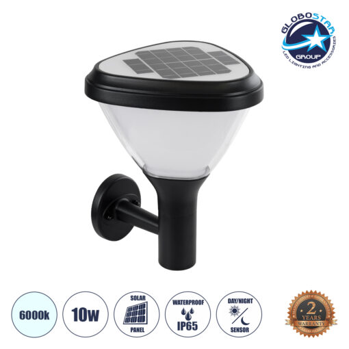 GloboStar® NATURE 90526 Αυτόνομο Ηλιακό Φωτιστικό Κήπου – Απλίκα Αρχιτεκτονικού Φωτισμού Εξωτερικού Χώρου LED 10W 330lm 120° με Ενσωματωμένο Φωτοβολταϊκό Panel 6V 2W & Επαναφορτιζόμενη Μπαταρία Li-ion 3.2V 1800mAh με Αισθητήρα Ημέρας-Νύχτας – Αδιάβροχο IP65 – Σώμα Αλουμινίου & ABS – Μ26 x Π29 x Υ36cm – Ψυχρό Λευκό 6000K – Μαύρο – 2 Χρόνια Εγγύηση