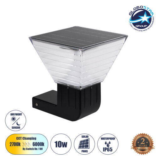 GloboStar® GRACIOUS 90529 Αυτόνομο Ηλιακό Φωτιστικό Κήπου – Απλίκα Αρχιτεκτονικού Φωτισμού Εξωτερικού Χώρου LED 10W 330lm 120° με Ενσωματωμένο Φωτοβολταϊκό Panel 6V 2W & Επαναφορτιζόμενη Μπαταρία Li-ion 3.2V 1800mAh με Αισθητήρα Ημέρας-Νύχτας – Αδιάβροχο IP65 – Σώμα Αλουμινίου & ABS – Μ29 x Π24 x Υ24cm – Ψυχρό Λευκό 6000K – Μαύρο – 2 Χρόνια Εγγύηση