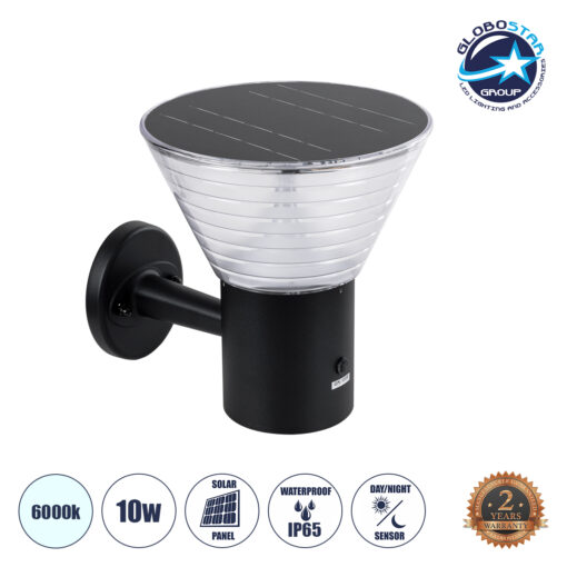 GloboStar® VEGGIE 90530 Αυτόνομο Ηλιακό Φωτιστικό Κήπου – Απλίκα Αρχιτεκτονικού Φωτισμού Εξωτερικού Χώρου LED 10W 330lm 120° με Ενσωματωμένο Φωτοβολταϊκό Panel 6V 2W & Επαναφορτιζόμενη Μπαταρία Li-ion 3.2V 1800mAh με Αισθητήρα Ημέρας-Νύχτας – Αδιάβροχο IP65 – Σώμα Αλουμινίου & ABS – Μ23 x Π30 x Υ25cm – Ψυχρό Λευκό 6000K – Μαύρο – 2 Χρόνια Εγγύηση